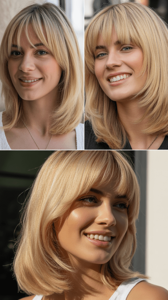 Wheat Blonde with Disconnected Layers and Curtain Bangs