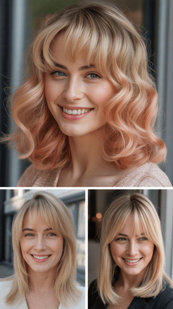 Wispy Bangs with Rose Gold Blonde Waves