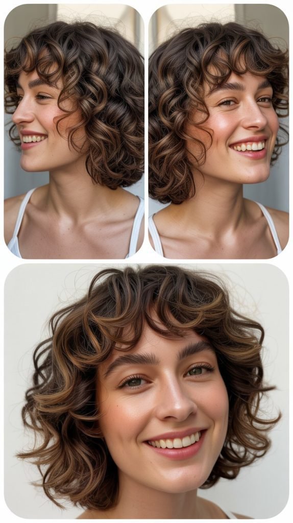 Curly Medium Lob with Feathered Bangs