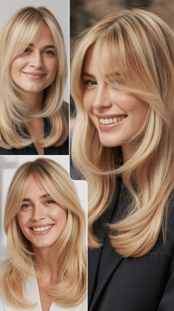 Butter Blonde with Long Layers and Soft Curtain Bangs