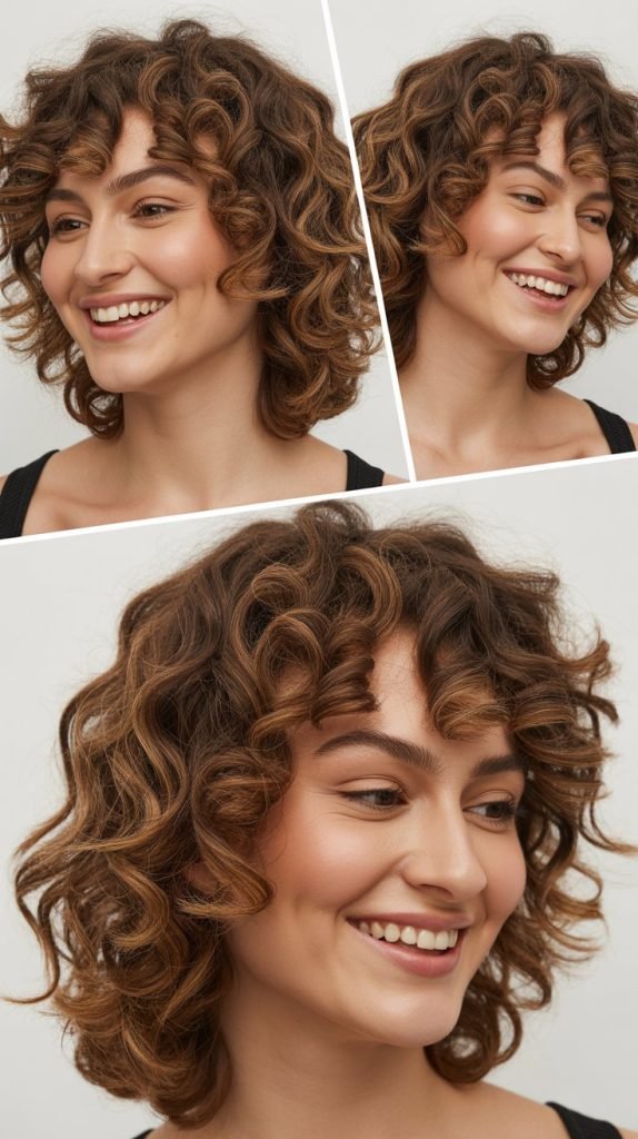 Curly Medium Cut with Side-Swept Bangs