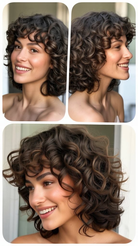 Medium Cut with Face-Framing Bangs for Curly Hair