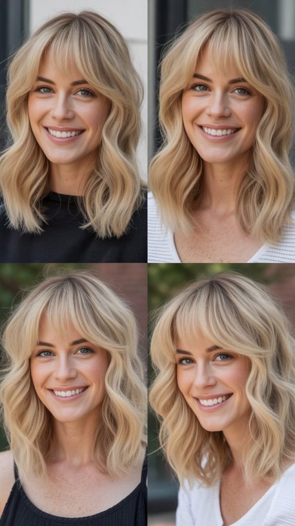 Butter Blonde Wavy Lob with Curtain Bangs