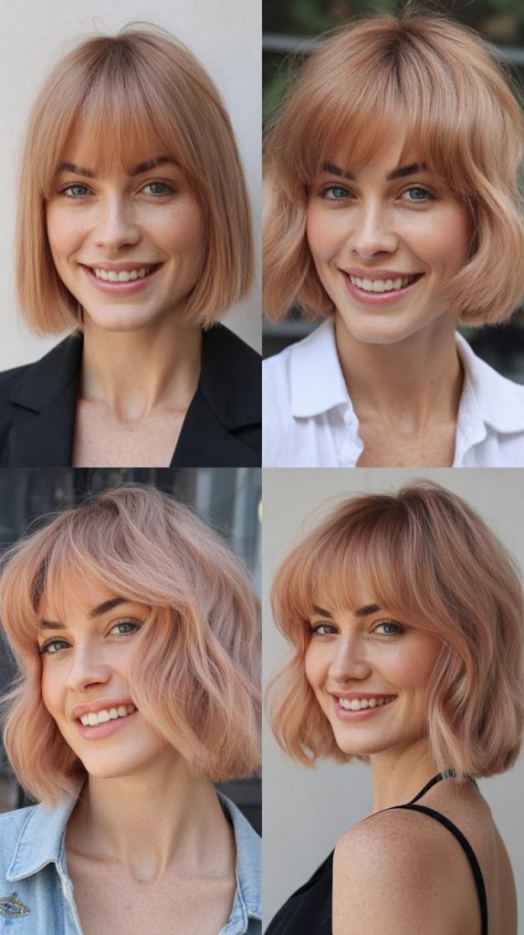 Rose Gold Blonde Bob with Wispy Bangs