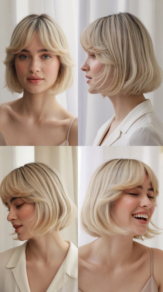Vanilla Cream Blonde Bob with Curtain Bangs