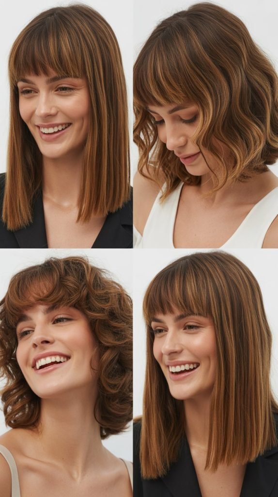 7. Rounded Bangs with Textured Midi Layers