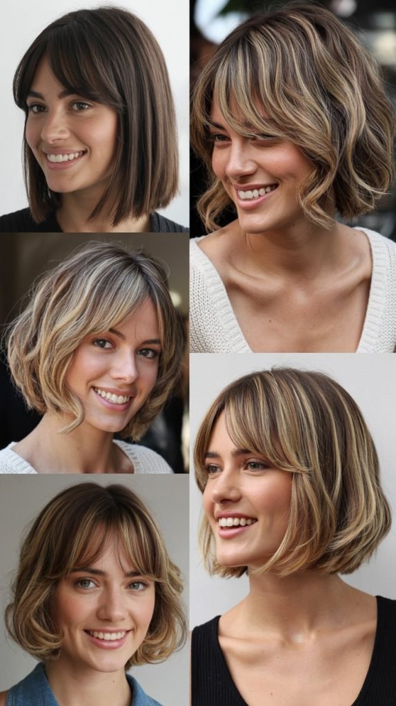  Long Bob with Swooped Bangs and Highlights
