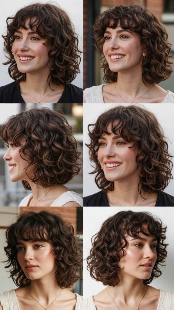 Curly Long Bob with Full Bangs
