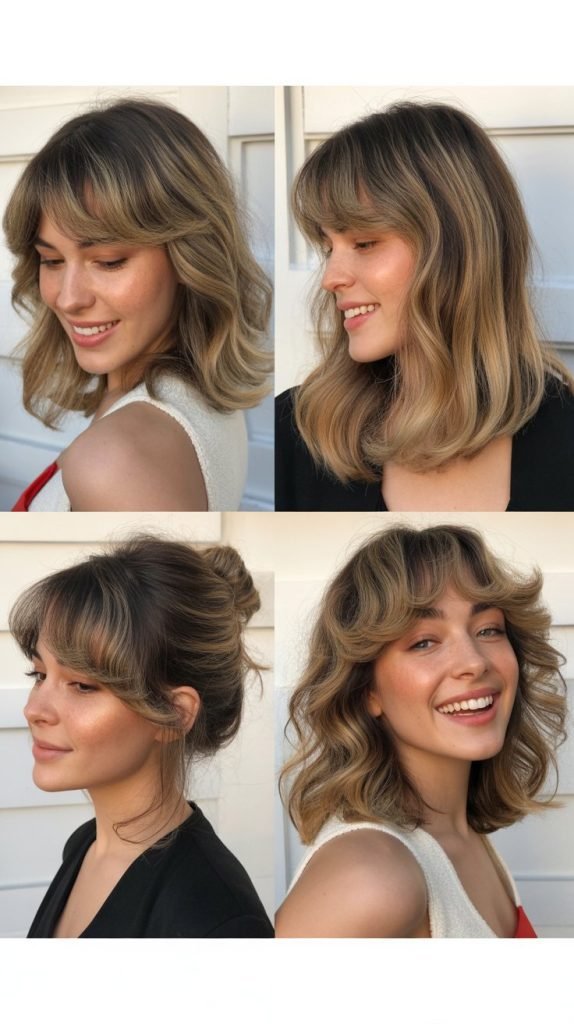 Balayage Medium Hair With Wispy Bangs