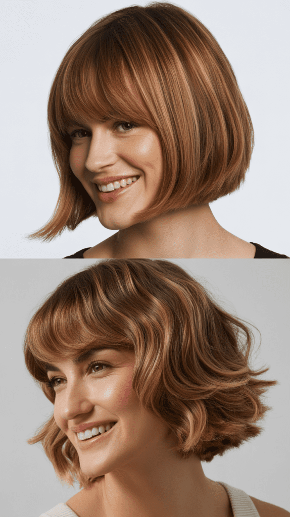 Dimensional Bob With Angled Part And Layered Bangs