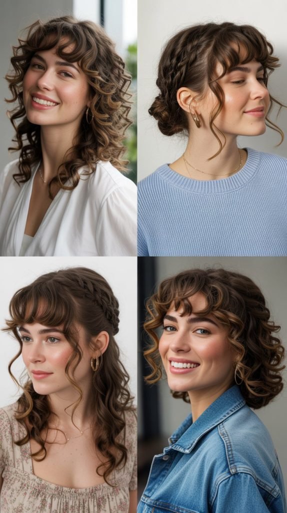 Curly Medium Hair with Side-Parted Bangs