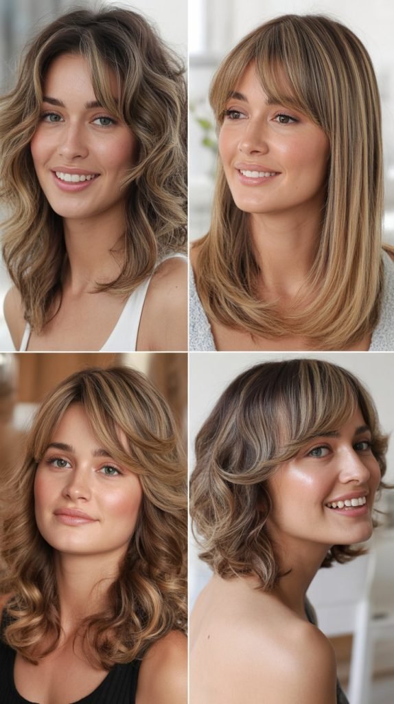 . Medium Hair with Side Bangs and Highlighted Layers