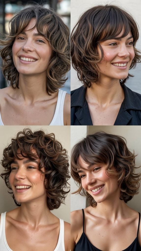 (4collage image different looks with a smiling woman) . Choppy Shag with Feathered Layers
