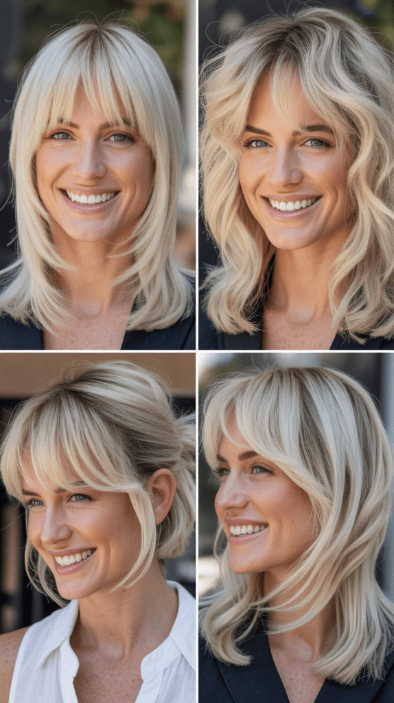 Platinum Blonde with Choppy Layers and Bold Curtain Bangs