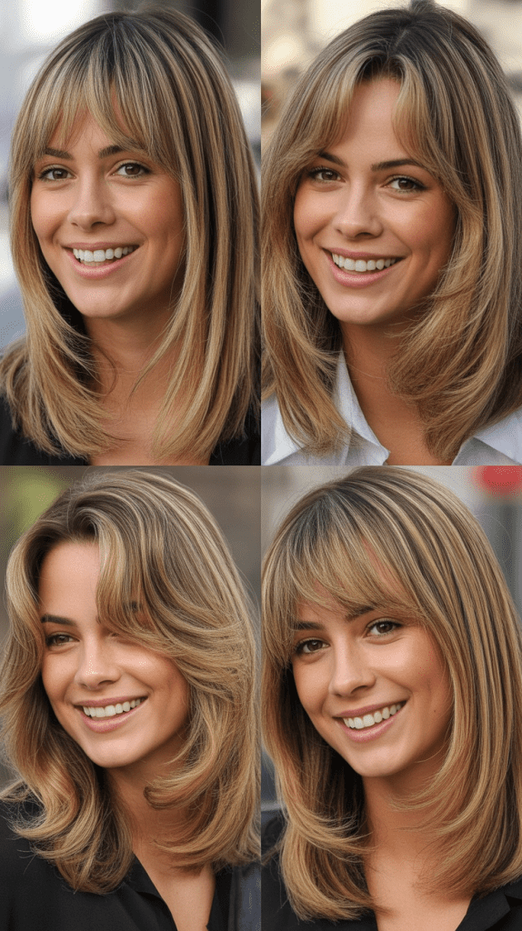 Caramel Blonde with V-Cut Layers and Curtain Bangs