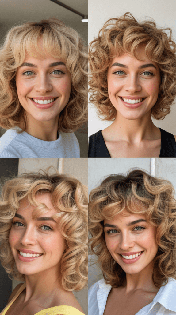 Medium-Length Blonde Curls with Curly Bangs