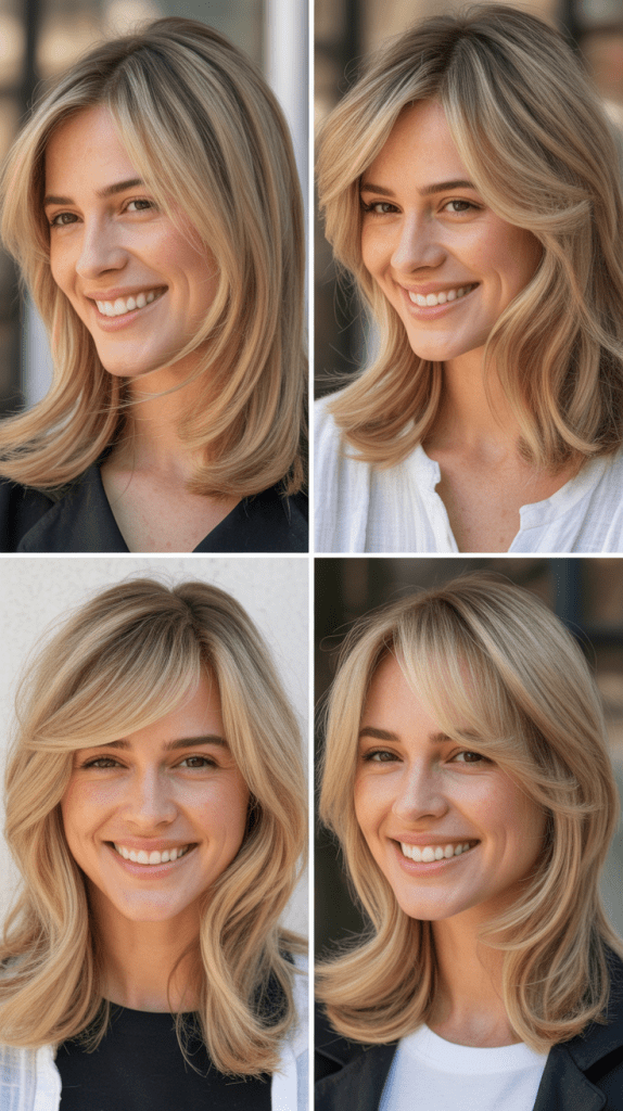 Vanilla Blonde with Razor-Cut Layers and Curtain Bangs
