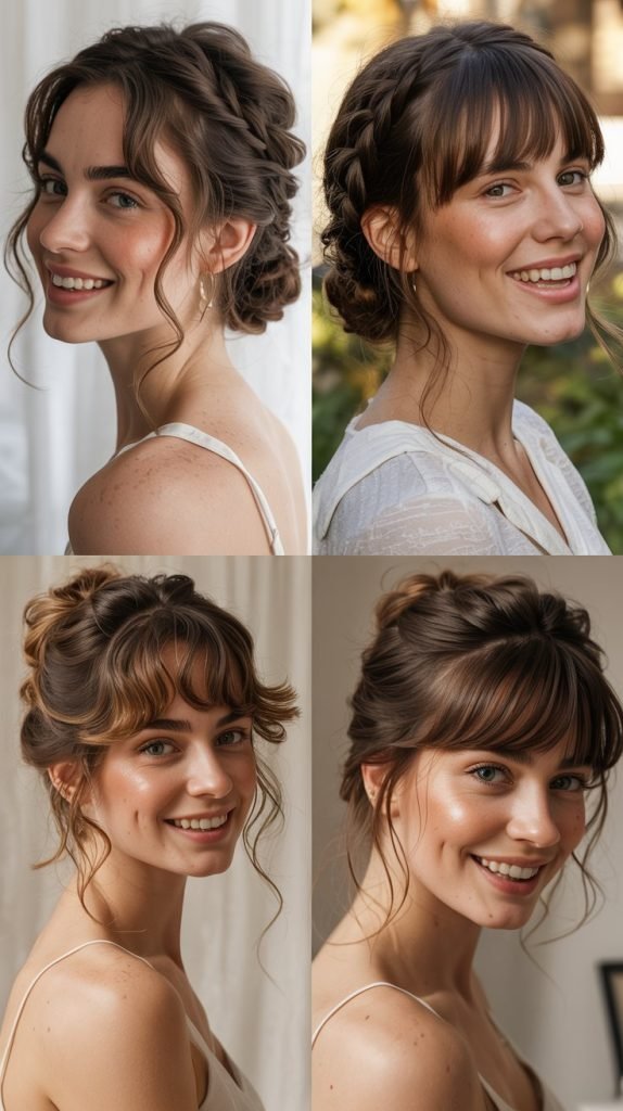  Romantic Updo with Tendrils and Bangs