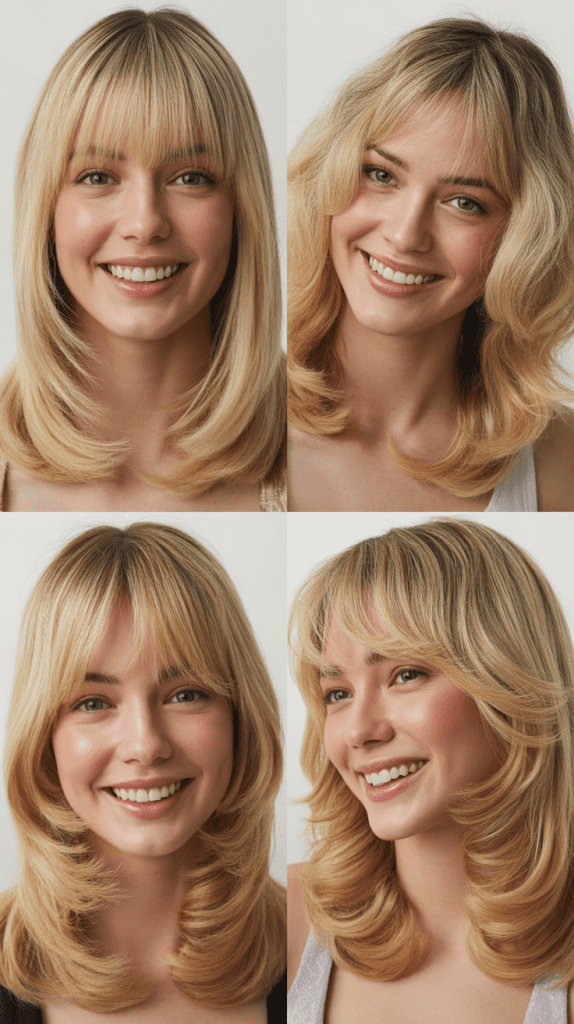 Buttermilk Blonde with Beveling Layers and Curtain Bangs