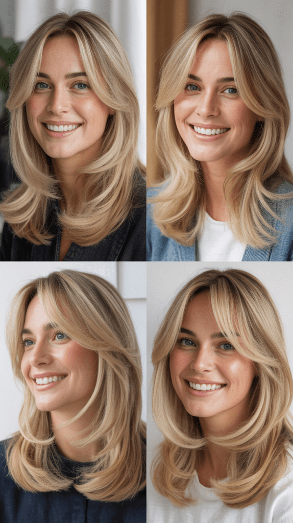  Buttercream Blonde with Channel Layers and Curtain Bangs