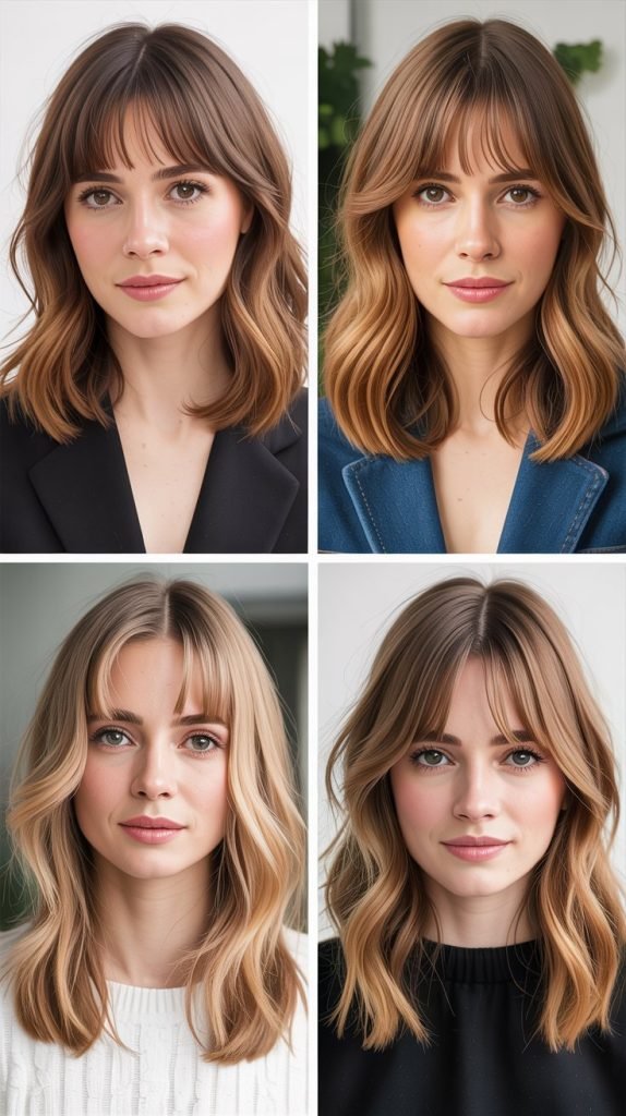  Medium Hair With Curtain Bangs And Honey Highlights