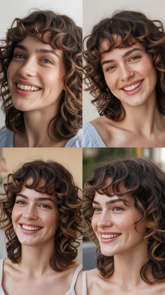 Layered Curls with Eyebrow-Grazing Bangs