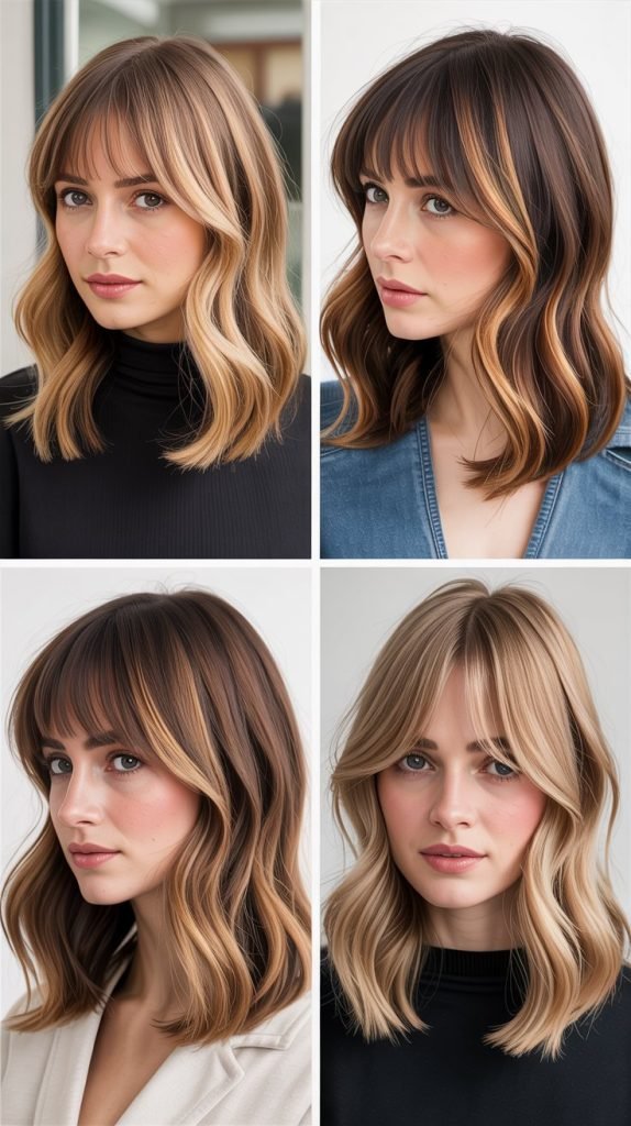  Medium Hair With Curtain Bangs And Pearl Blonde Highlights