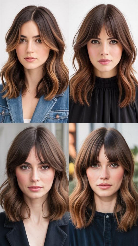  Medium Hair With Curtain Bangs And Dimensional Brunette Color