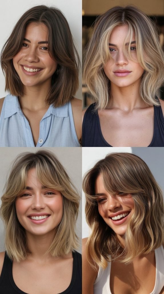 Textured Long Bob With Wispy Curtain Bangs