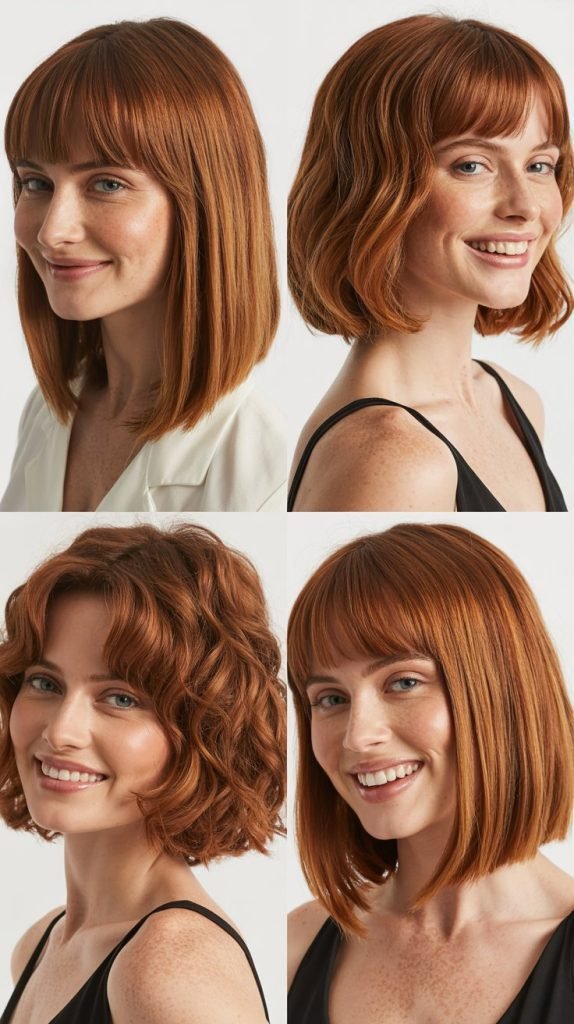  Long Bob With Curtain Bangs And Copper Tones