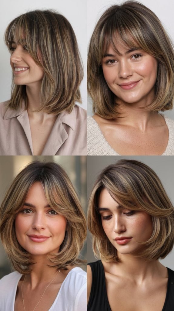 Long Bob with Feathered Bangs and Lowlights