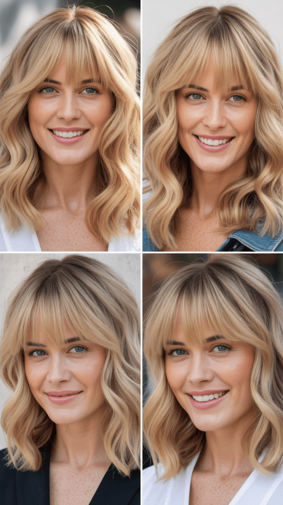 Medium-Length Blonde Waves with Brow-Skimming Bangs