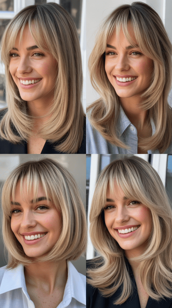 Ash Blonde with Blunt Layers and Curtain Bangs