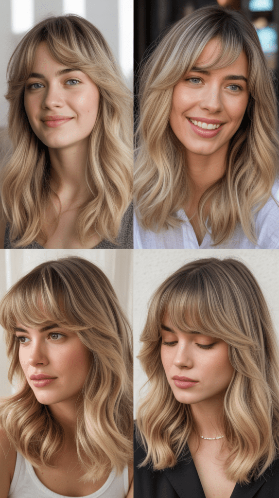 Medium Blonde Balayage with Full Bangs