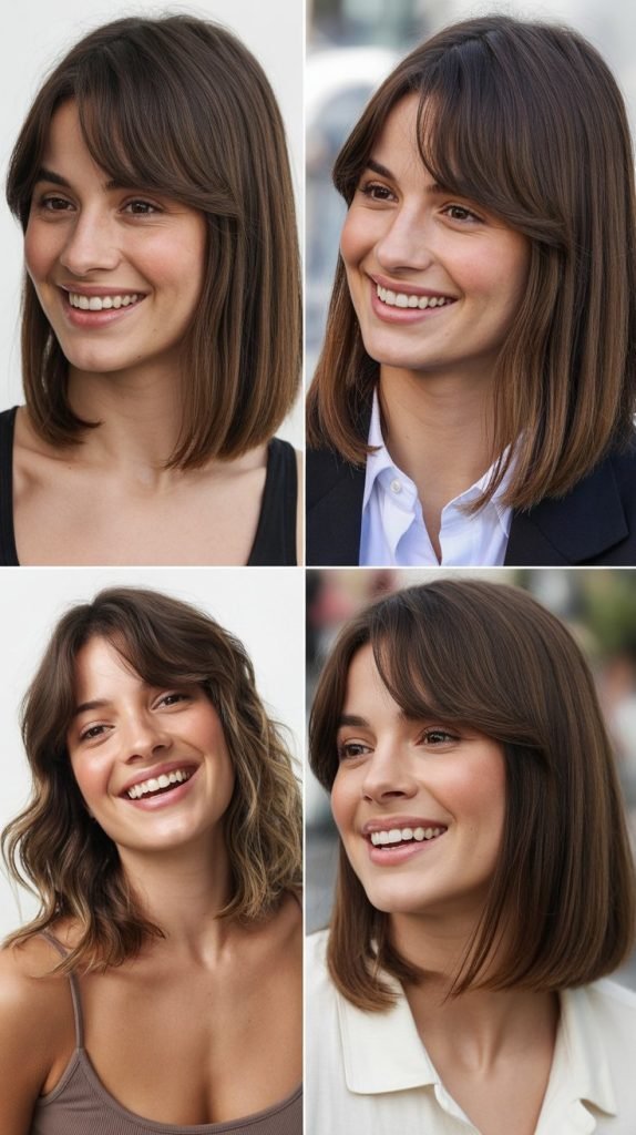 . Sleek One-Length Cut with Diagonal Side Bangs