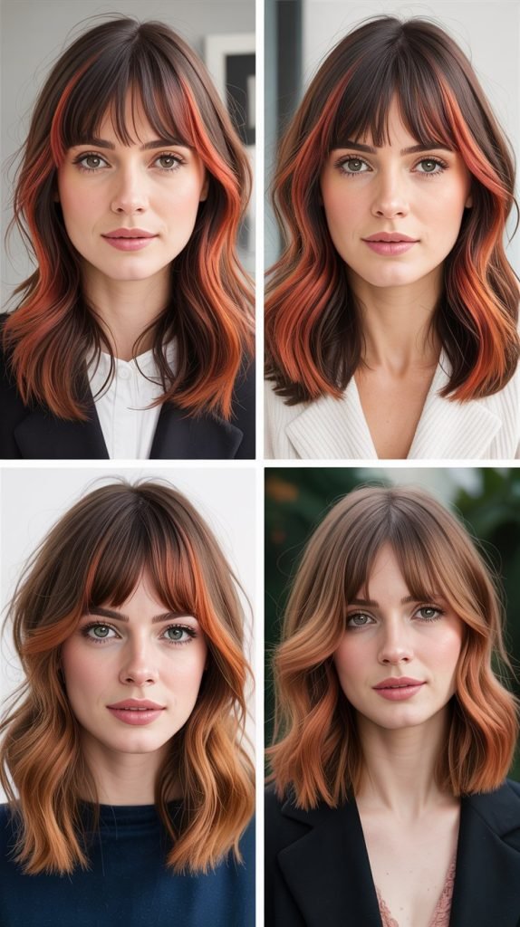  Medium Hair With Curtain Bangs And Copper Highlights
