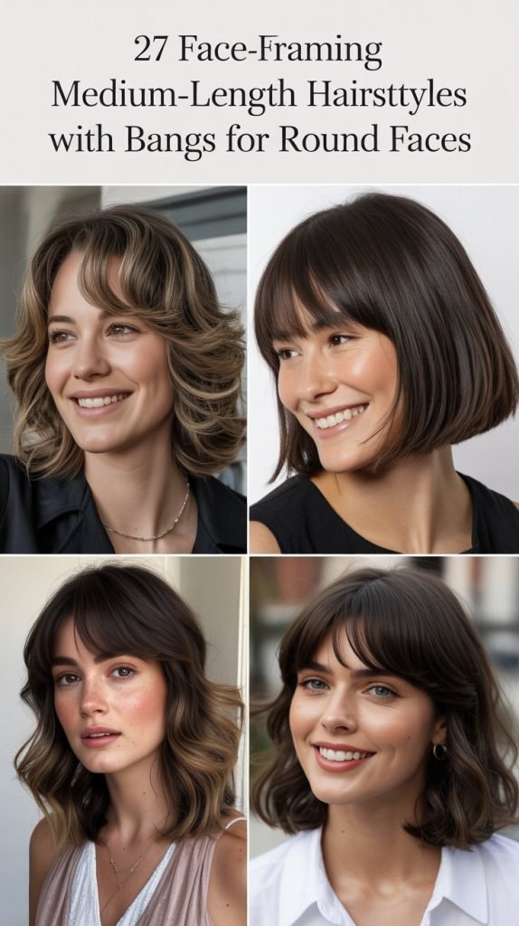 27 Face-Framing Medium-Length Hairstyles with Bangs for Round Faces