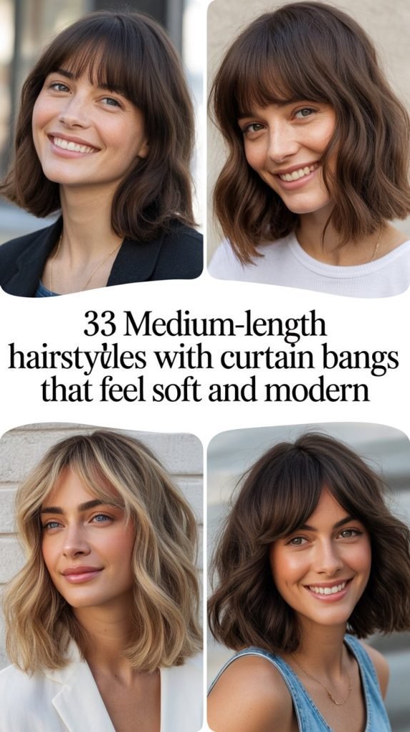 33 Medium-Length Hairstyles With Curtain Bangs That Feel Soft and Modern