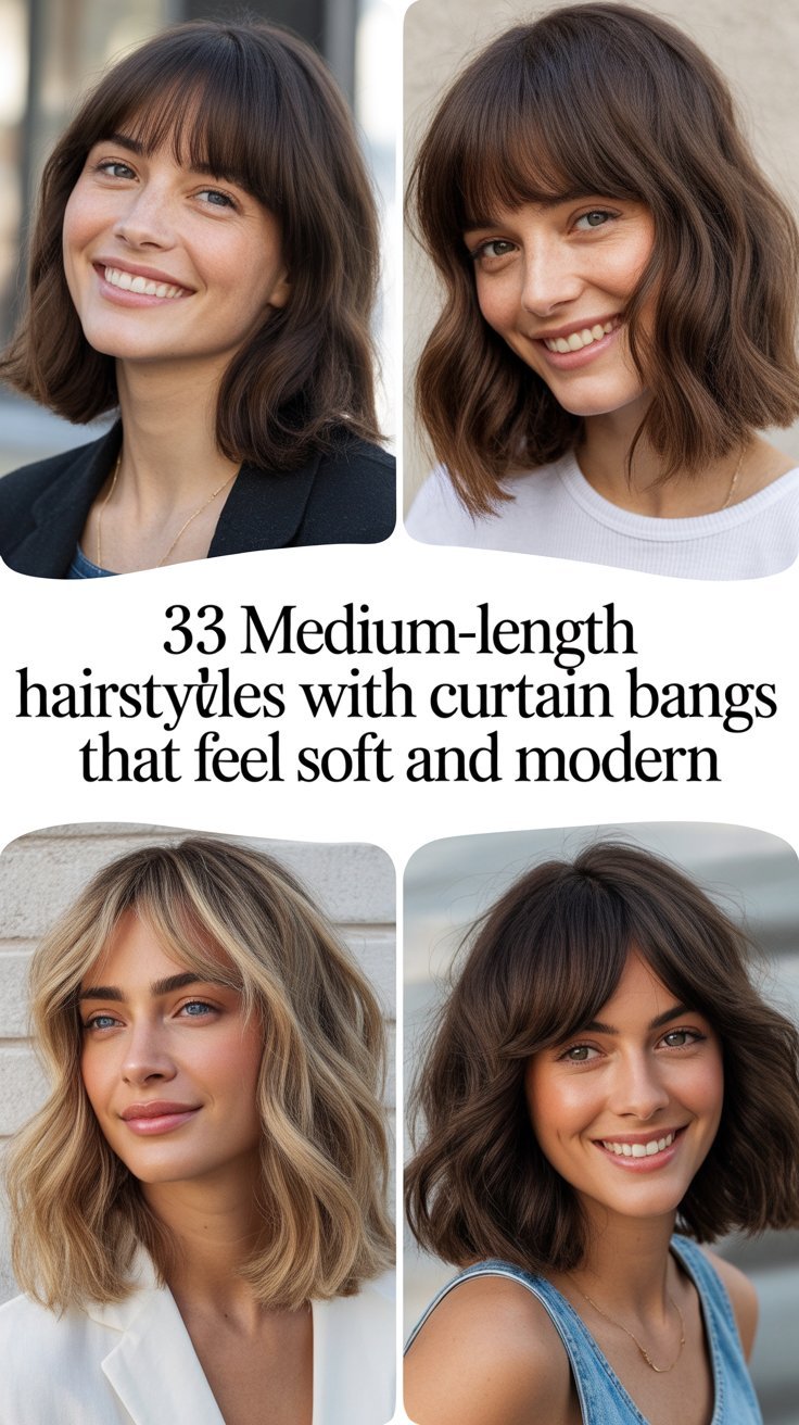 33 Medium-Length Hairstyles With Curtain Bangs That Feel Soft and Modern