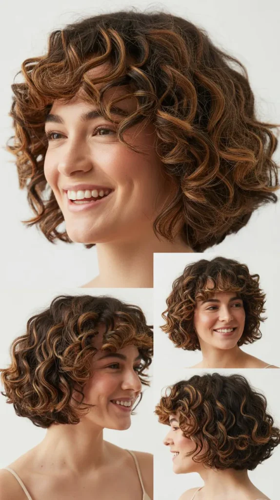 Chin-Length Curly Bob with Dimensional Brunette