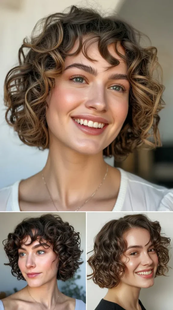 Chin-Length Curly Bob with Swoopy Side Bang
