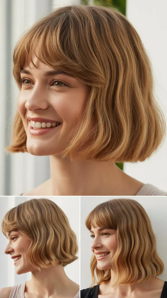 Chin-Length Bob with Bouncy Curtain Bangs