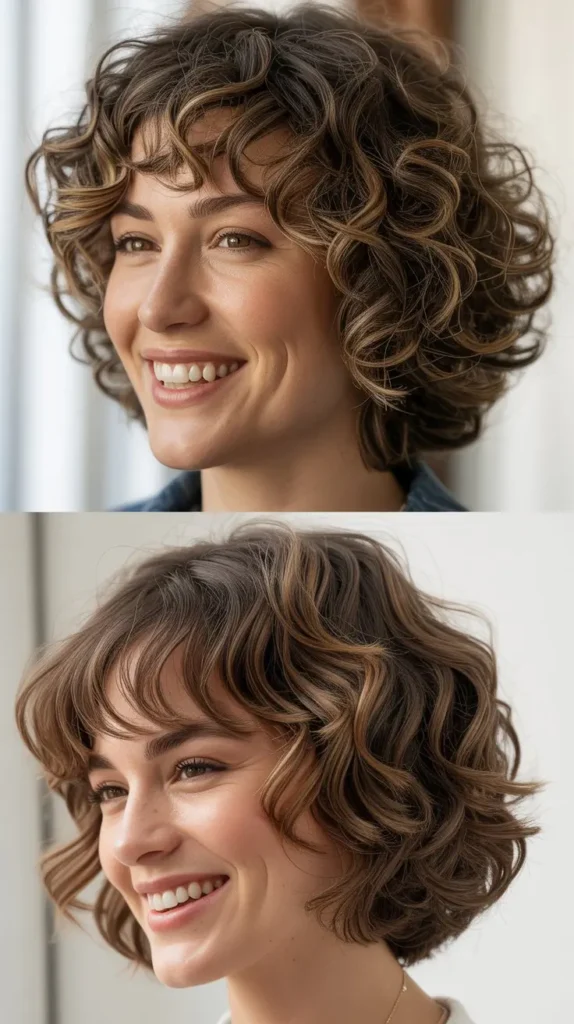 Textured Chin-Length Curly Bob with Fringe