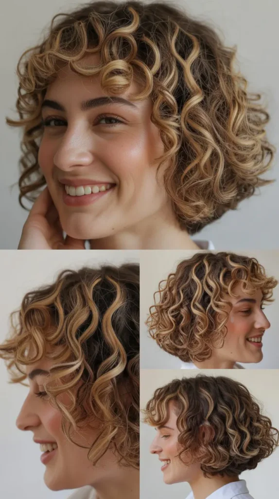 Chin-Length Curly Bob with Highlights and Lowlights