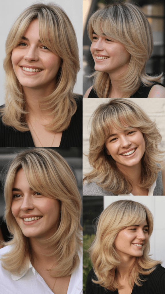 Desert Sand Blonde with Channeling Layers and Curtain Bangs