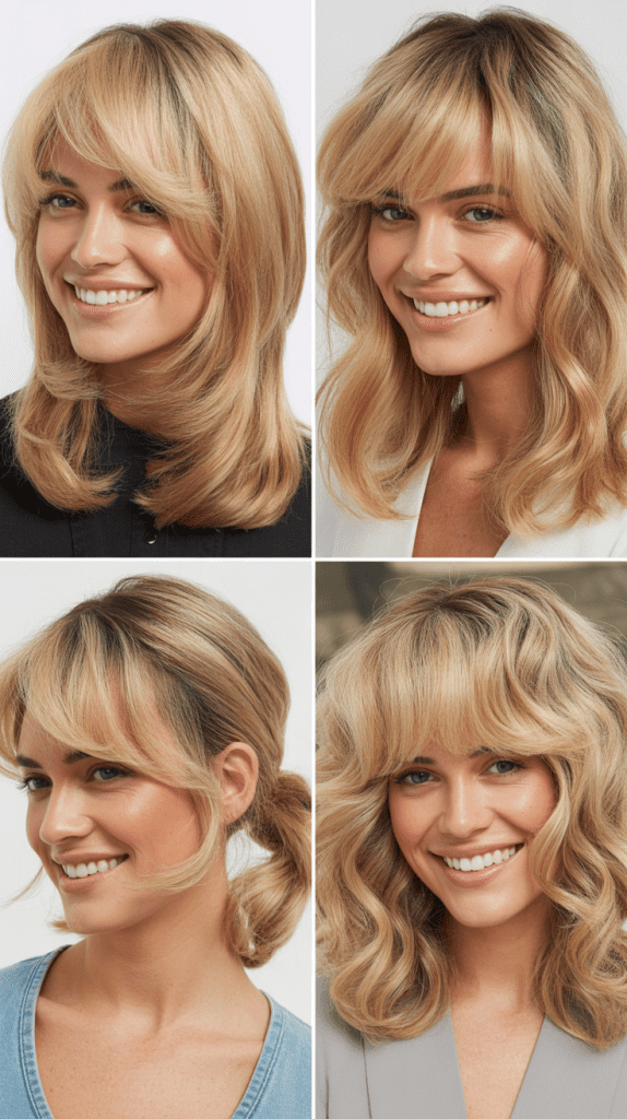  Champagne Blonde with Textured Layers and Wispy Curtain Bangs