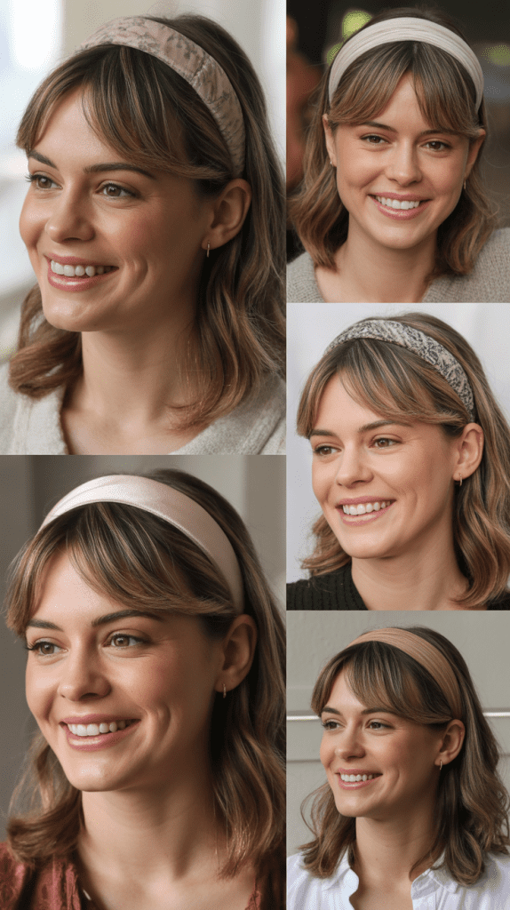 Pulled-Back Headband Style with Curtain Bangs