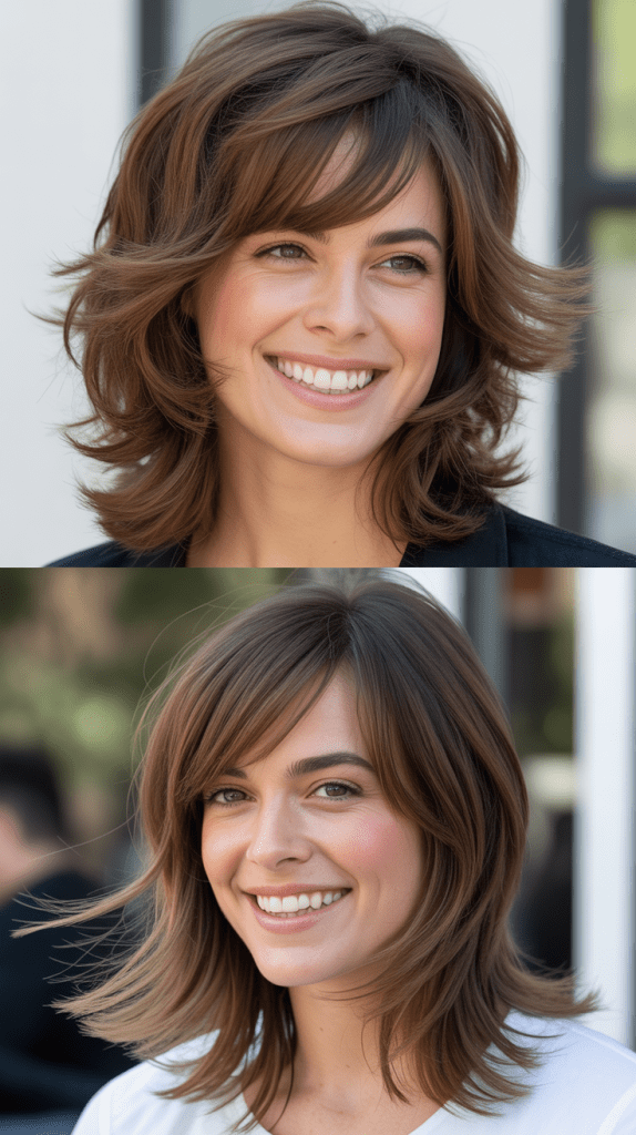  Choppy Layers With Bold Side-Parted Bangs