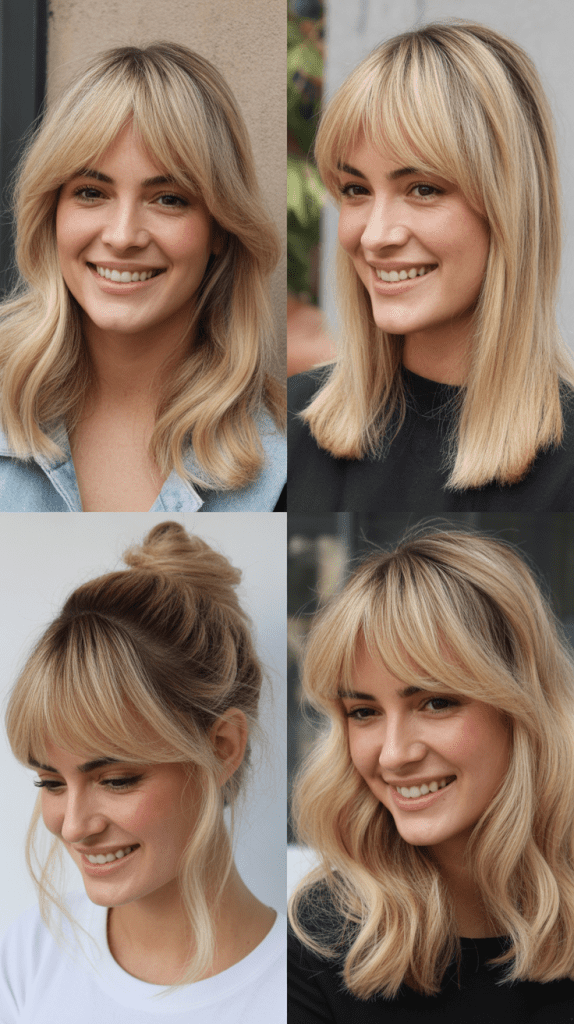 Champagne Blonde with Side-Swept Curtain Bangs