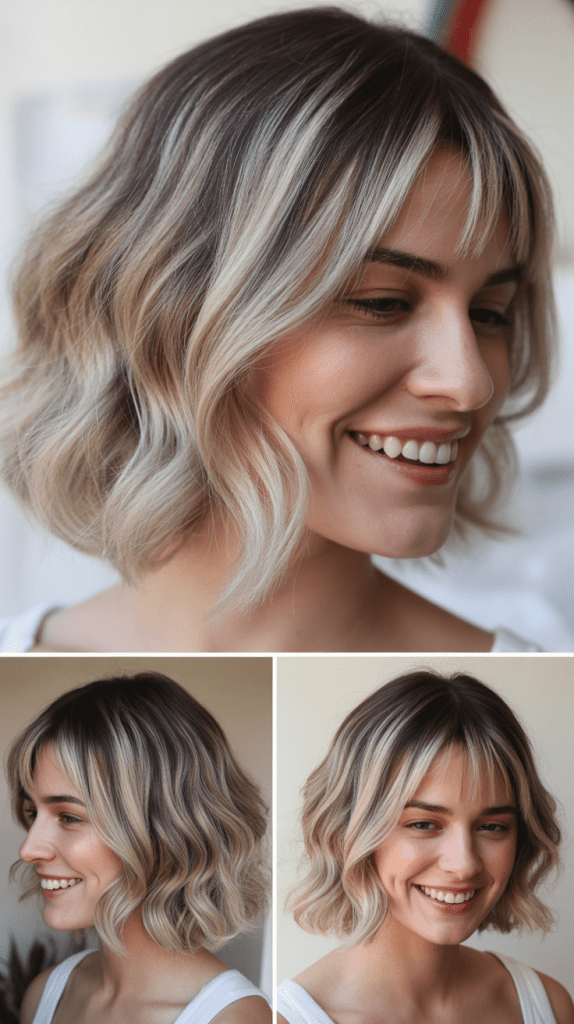 Angled Lob With Platinum Balayage and Blunt Bangs